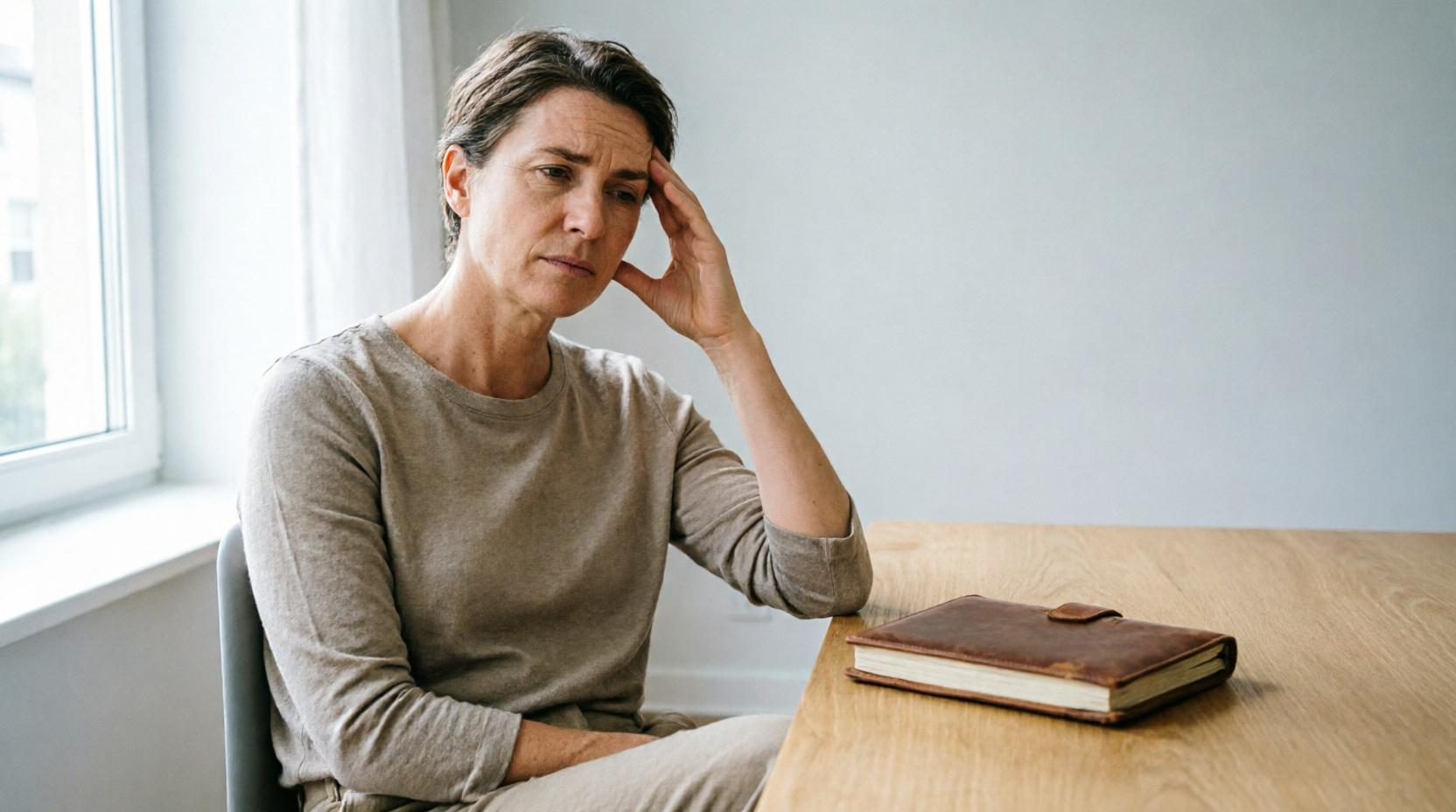 Лечение зависимости от лирики женщина задумчиво сидит за столом, положив руку к виску